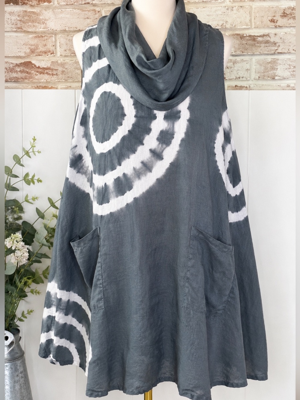 100% Linen Lagenlook Tunic Dress Gray White Tie Dye Cowl Neck Pockets USA size L